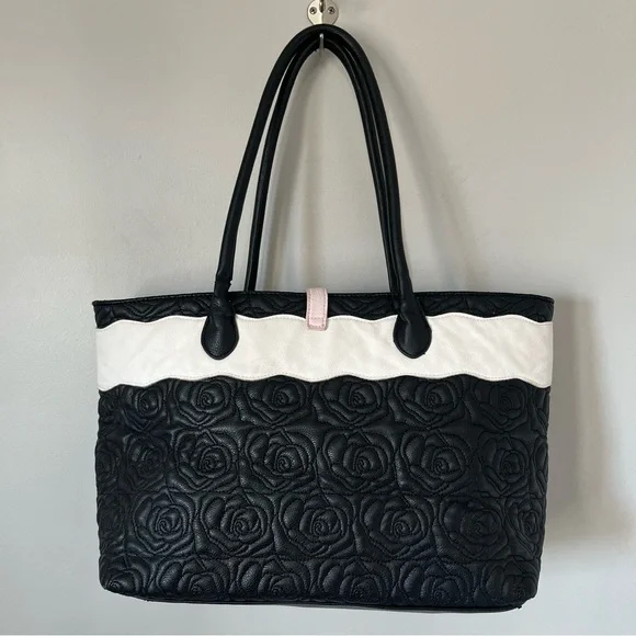 Betsey Johnson Black Quilted Rose Shoulder Tote Bag Black White Pink Bow Large - Picture 4 of 13